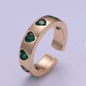 Chunky Gold Cuff Ring with Green Emerald Colored Hearts